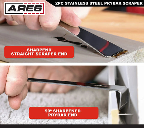 Two Piece Stainless Steel Prybar Scraper Set With 90 Degree Pry Ends Remove Residue From Gaskets And Surfaces