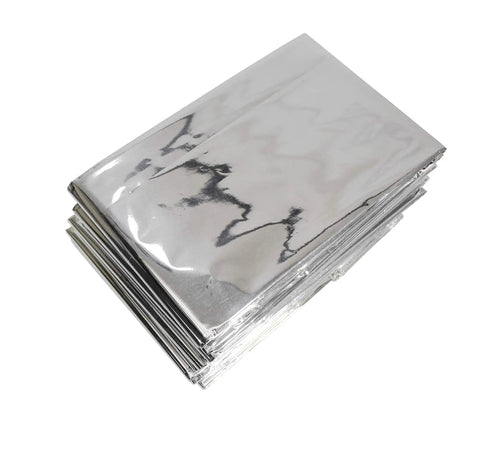 Stack of folded emergency blankets included in 10 In 1 Emergency Survival Kit With Knife, Blanket, Compass, Fire Starter, Flashlight, Saw, And More