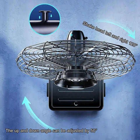 Close-up of Heavy Duty Standing Misting Fan With Three Speed Settings And Wide Oscillating Head showing adjustable head and grill design.