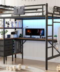 Solid Twin Loft Bed Setup With L Shaped Desk And Warm LED Lights, Heavy Duty Metal Frame With Fast Charge Port, Ample Storage Shelves, Cozy Fabric Drawers, Safe Railing, Sturdy Ladder, Vintage Brown Finish with workspace and decor.