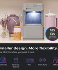 Legit Nugget Ice Maker on countertop next to drinks, showcasing the sleek stone grey design and compact size.
