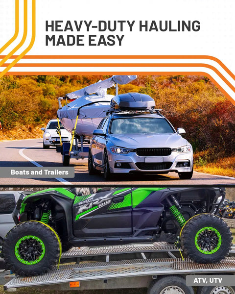 Car towing a boat with Retractable Ratchet Tie Down Strap 2 Inch By 27 Foot Heavy Duty Webbing For Truck Trailer Boat