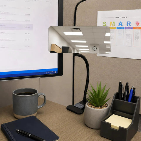 Real Deal Rectangle Convex Traffic Safety Mirror 6.7 By 3 Inches on a desk, providing indoor visibility and tracking.