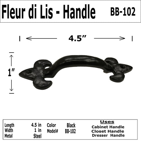 4.5 Inch Fleur De Lis Cabinet Pull Handle Black Finish Decorative Hardware For Cabinets Drawers Doors Gates Dresser Model BB 102