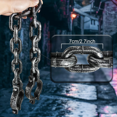 Close-up of 2 Pack Plastic Halloween Fake Prison Chains With Handcuffs And Footcuffs showing 7cm link size for costume props