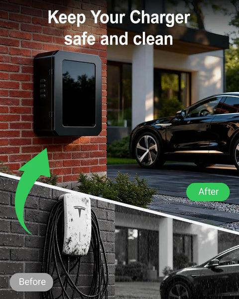 Lock Down Your EV Charger Setup With This Built Like A Tank Outdoor Enclosure, 19.7 x 9.8 in, heavy-duty steel guard on brick wall.