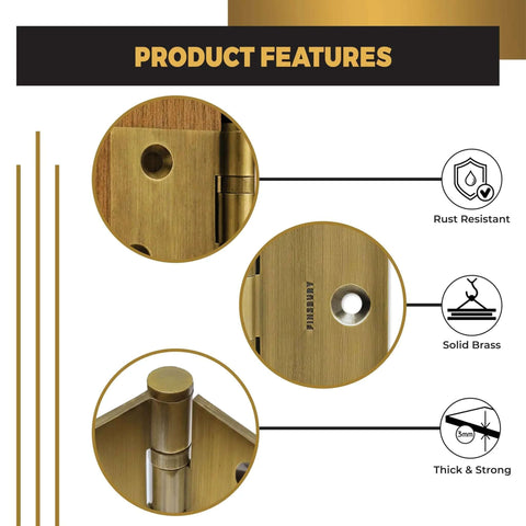 Product features of Beefy Heavy Duty Ball Bearing Door Hinge Set Solid Brass 3x3 Inch 12 Pack showing rust resistance and solid brass