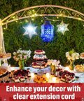Outdoor dining display with stars and a blue lantern lit by Six Foot Transparent Extension Cord With Male To Female Connector Invisible Thin Two Prong Power Cable UL Listed Safety 18 AWG Wire 250V 6A For Indoor Use Perfect For Holiday Lights And Decor.