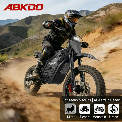 Rider on Powerful 4000W Electric Dirt Bike For Teens And Adults With 45 MPH Peak Speed, off-road on rugged terrain