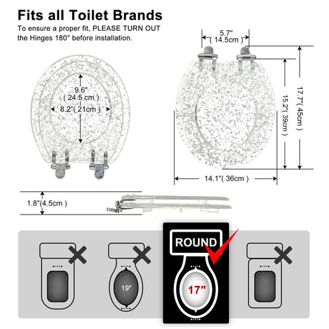 Resin Round Toilet Seat With Soft Close And Quick Release Heavy Duty Acrylic Glitter Cover Silver Foil Finish 17 Inch diagram