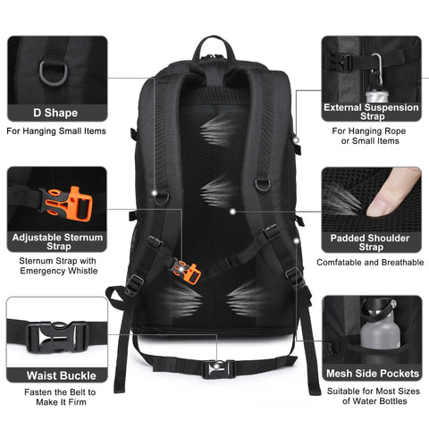 Expandable Hiking Backpack 40L To 50L For Men And Women Flight Approved Carry On Ready Travel Daypack with straps and pockets.