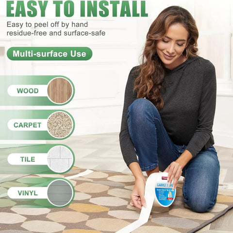 Person installing Heavy Duty Double Sided Carpet Tape For Rugs And Floors 2 Inch By 20 Yards Removable Adhesive on carpet