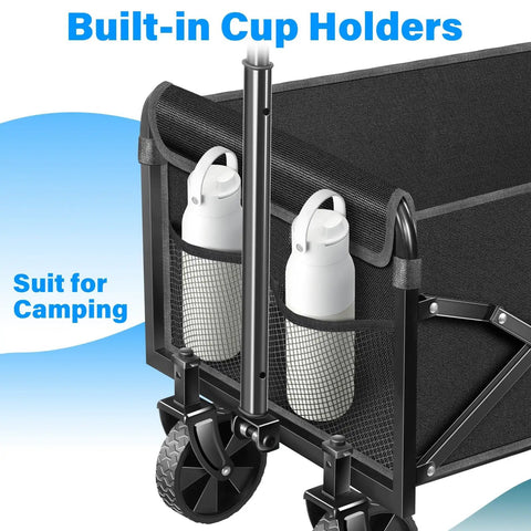 Heavy Duty Folding Wagon Cart With Wheels for Sports Camping and Grocery with built-in cup holders, black alloy steel frame.