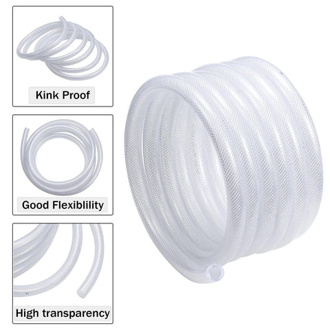 Clear 1 in ID braided PVC tubing, 25 ft long with two stainless clamps; flexible and high transparency