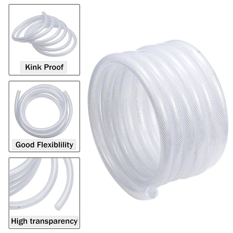 Clear Braided Vinyl Tubing, 1 Inch ID, 10 Ft Long, coiled PVC hose with kink proof and high transparency features shown