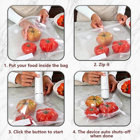 Image showing steps to use Small Vacuum Sealer Bags Kit With 2 Bonus Clips, sealing tomatoes in a bag with a vacuum sealer.