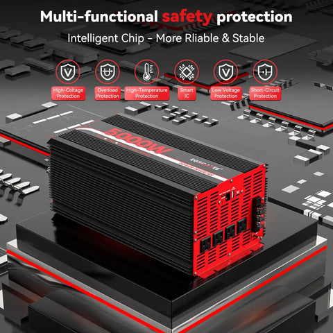 Heavy Duty 5000W Power Inverter 12V Dc To 120V Ac Converter For Rv And Truck 10000W Peak Off Grid Solar System with safety features.