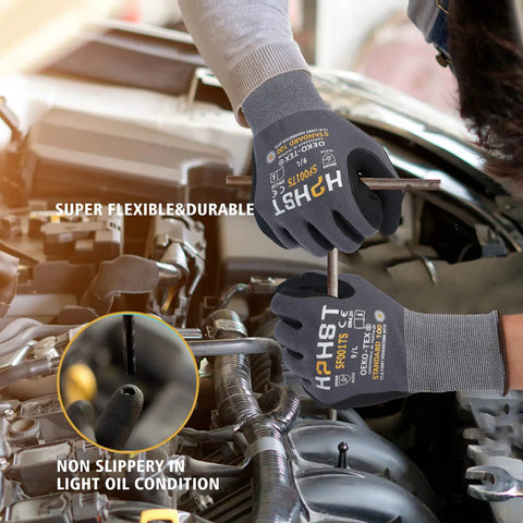 Micro Foam Nitrile Work Gloves With Spandex Liner for Ultra Grip and breathable oil friendly wear during engine repair.
