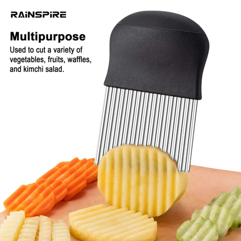 Rainspire crinkle cutter with black handle and stainless steel blades, front view cutting a potato.