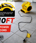 Heavy Duty Floor Drying Fan With 1000 CFM Air Mover with 10 ft power cord shown on tile floor, highlighting cord wrap feature.
