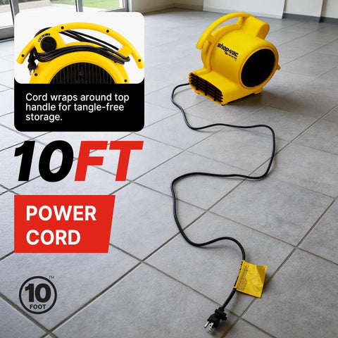 Heavy Duty Floor Drying Fan With 1000 CFM Air Mover with 10 ft power cord shown on tile floor, highlighting cord wrap feature.