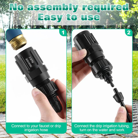 Two Pack Drip Irrigation Faucet Adapter Kit With 25 PSI Pressure Regulator connected to garden hose and tubing