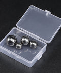 Front view: bearing ball set in clear storage box with four 304 stainless steel balls (1, 7/8, 3/4, 5/8 in)