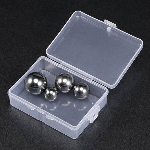 Front view: bearing ball set in clear storage box with four 304 stainless steel balls (1, 7/8, 3/4, 5/8 in)