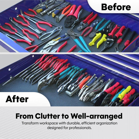 Heavy Duty Pliers Rack For Toolbox Drawer Organizer Holds Up To 32 Pliers in steel frame with triple coated vinyl, before and after view