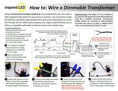 Instruction sheet for wiring a dimmable transformer for 12V Hardwire Kitchen Light Kit With Dimmable LED System 4000K Pure White Under Cabinet Lighting 40W Transformer Easy Install Professional Grade For Kitchen Remodel And Task Lighting.