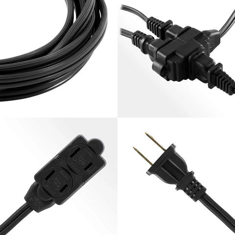 12 Foot Indoor Extension Cord With 3 Outlets 16 Gauge Power Strip Twist To Close Safety Covers UL Listed Black Perfect For Home Office Or Kitchen Flexible Reach For Laptops Lamps And More No Sweat Setup. Black 12-foot cord with 3-outlet end and plug detail