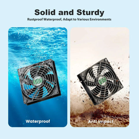 Solar Chicken Coop Fan Kit 2 Pack 20W Solar Powered Ventilation Waterproof and anti-impact demonstration with fans in water and dirt.