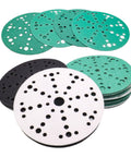 Image of Do It All 6 Inch Sanding Pads And Discs Kit With Tear Resistant 49 Hole Film Sandpaper Grit 40 To 320, showing multiple discs.