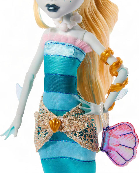 Dawn Of The Dance Lagoona Blue Reproduction Doll in sea blue gown with pink accents and accessories, perfect for collectors.