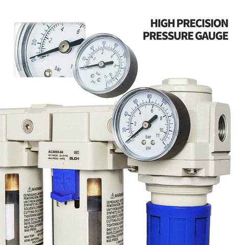 1/2 Inch NPT Compressor Air Dryer And Double Filter Regulator Combo With Brass 5 Micron Element, 0-160 PSI Gauge