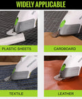 WORKPRO Cordless Electric Scissors With Dual Sharp Blades cutting plastic sheets, cardboard, textile, and leather.