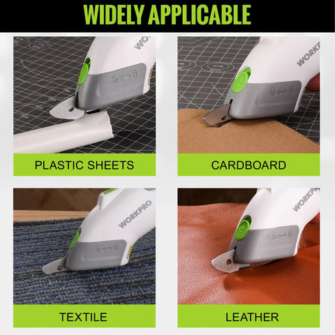 WORKPRO Cordless Electric Scissors With Dual Sharp Blades cutting plastic sheets, cardboard, textile, and leather.