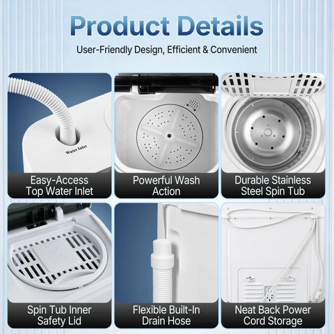 No Sweat Compact 13 Pound Twin Tub Washing Machine Portable Washer And Spin Cycle Combo water inlet, spin tub, drain hose, design details