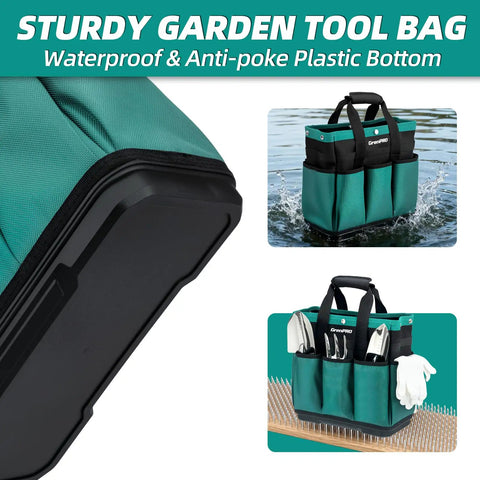 Heavy Duty Garden Tool Tote With Molded Bottom And 10 Pockets Reinforced Go To Workhorse Tool Bag in dark green.