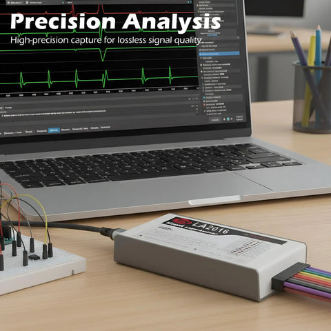 Usb Logic Analyzer With 16 Channels And 2 Pwm Channels 200MHz Sampling Rate Pc Software For Windows Mac Os And Linux Cross Platform Compatibility That Makes Debugging A Breeze connected to laptop for signal analysis