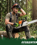 Man wearing Hi-Vis Chainsaw Gloves With Anti-Vibration Padding And Cut-Resistant Kevlar Leather for tree cutting in forest.