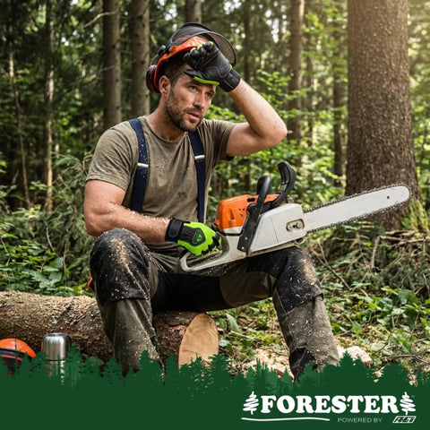 Man wearing Hi-Vis Chainsaw Gloves With Anti-Vibration Padding And Cut-Resistant Kevlar Leather for tree cutting in forest.