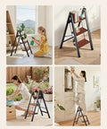 Three Step Folding Ladder With Wide Anti Slip Pedals And Comfort Handgrip Lightweight Aluminum 330 Lbs Capacity Portable Plant Support in home and garden use