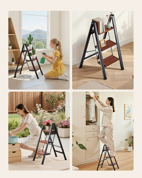 Three Step Folding Ladder With Wide Anti Slip Pedals And Comfort Handgrip Lightweight Aluminum 330 Lbs Capacity Portable Plant Support in home and garden use
