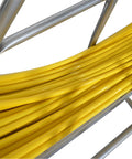 Close-up of Heavy Duty Fiberglass Fish Tape Built Dang Solid For Hella Smooth Wire Routing and Conduit Pulling with yellow fiberglass on reel.