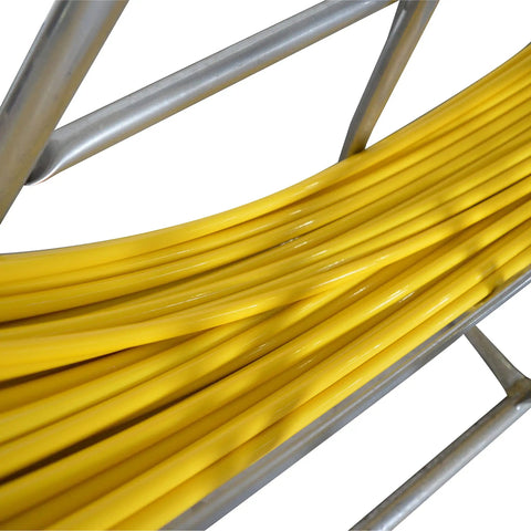 Close-up of Heavy Duty Fiberglass Fish Tape Built Dang Solid For Hella Smooth Wire Routing and Conduit Pulling with yellow fiberglass on reel.