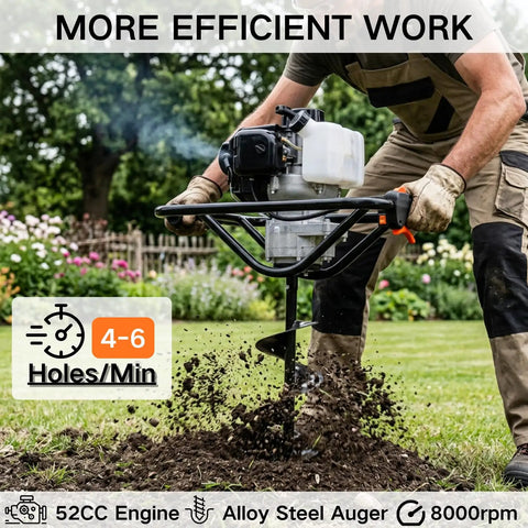 Person operating Beast 52cc Gas Powered Earth Auger With 1800W Peak Output EPA Certified in a garden setting