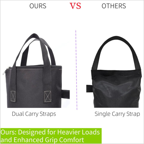 Comparison of 140 LBS Zipper Top Sand Bags for Canopy Legs, dual vs single carry straps