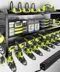 Power Tool Organizer With Built In Charging Station And Eight Outlet Power Strip Workhorse Large Wall Mount Drill Holder Heavy Duty Metal Tool Rack For Garage Organization Black, showcasing drills and tools mounted.