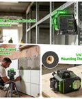 360 Degree Laser Level With Tripod Self Leveling Green Laser Tool For Pros Drop Proof Rugged Build With 60 Inch Drop Protection All Around Rubber Armor For Tough Jobsite Drops, on 45-inch tripod and magnetic bracket